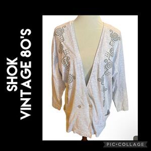 SHoK 80’s Light Gray Button Front Tribal Design Cardigan Jacket/Blazer Size XL-V